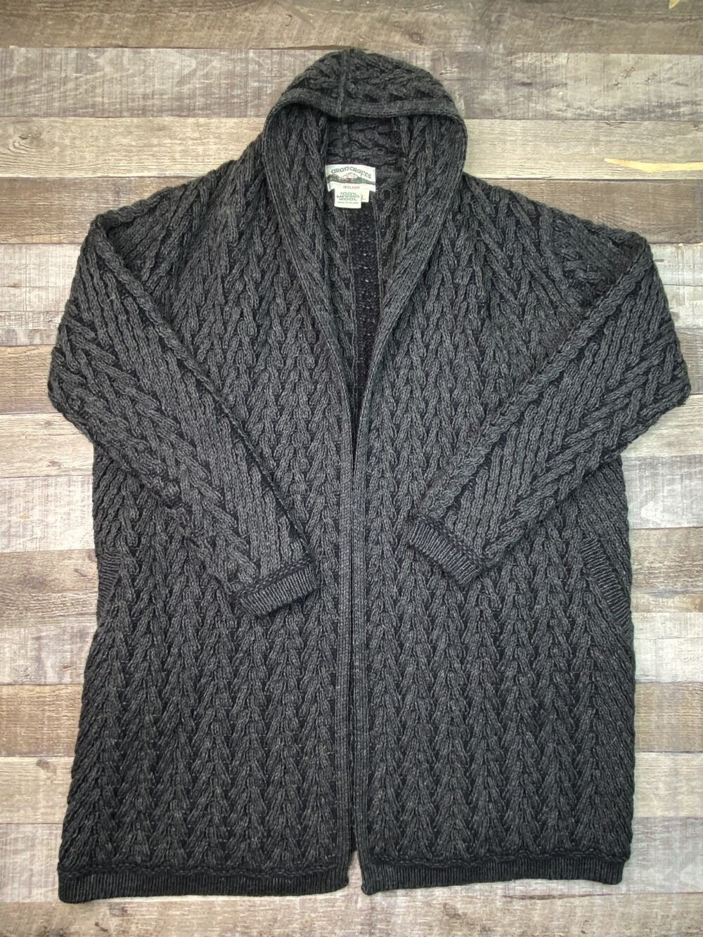 Aran Crafts Merino Wool Cable Open Hooded Long Cardigan Sweater Robe Adult Sz L